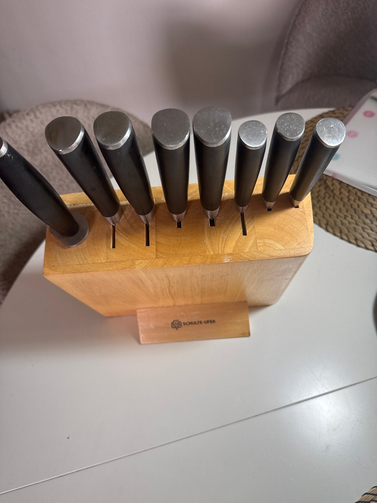 Schulte-Ufer Messenblok met 7 messen, Gebruikt, Los bestek, Ophalen of Verzenden, Rvs of Chroom