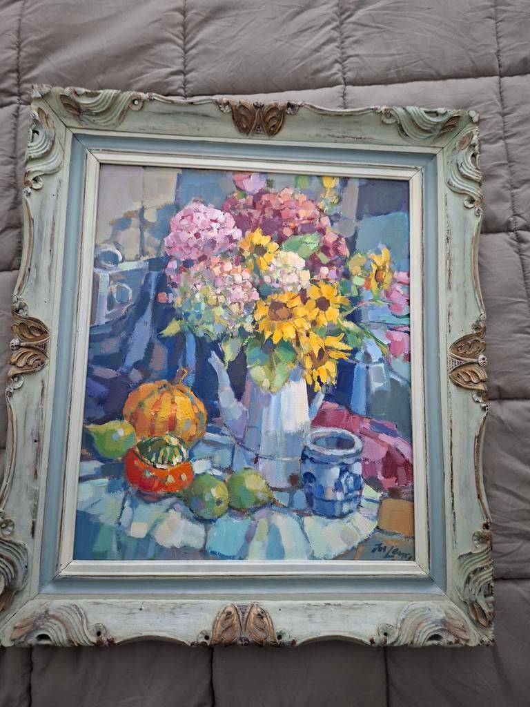 Schilderij 'Stilleven met Bloemen en Pompoenen' - Jos Leurs, Antiek en Kunst, Kunst | Schilderijen | Abstract, Ophalen of Verzenden