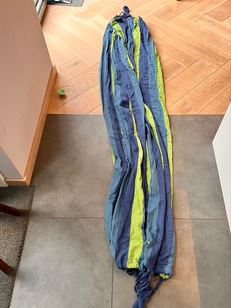 Hangmat blauw en groen gestreept, Ophalen, Gebruikt, Eenpersoons, Buiten