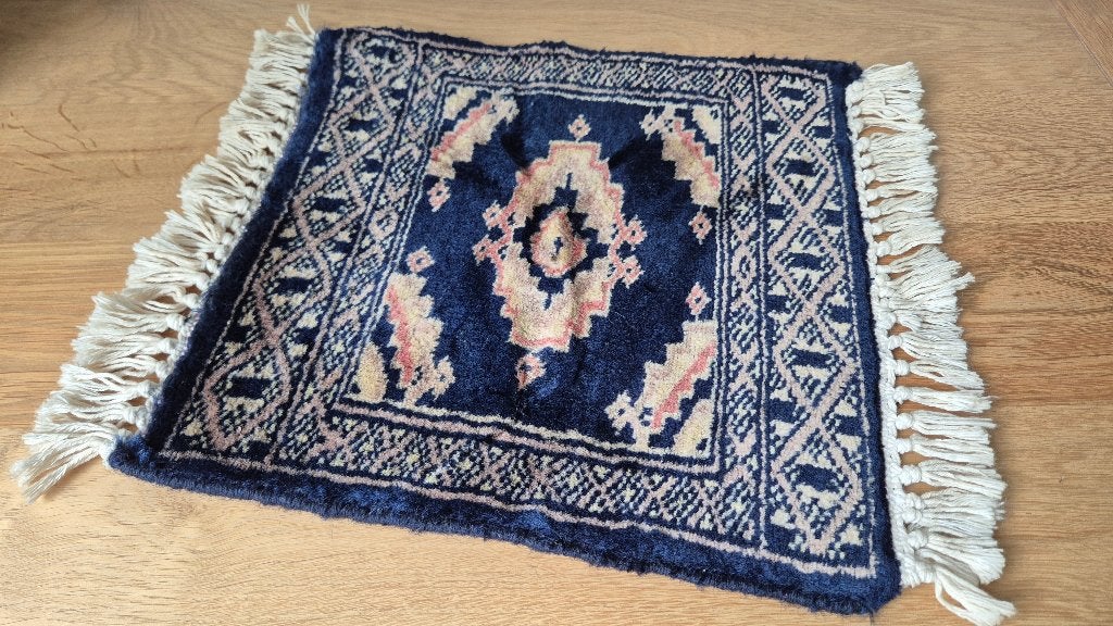 Blauw Perzisch tapijt 35 cm lang 30 cm breed., Minder dan 50 cm, Gebruikt, Vierkant, Minder dan 50 cm