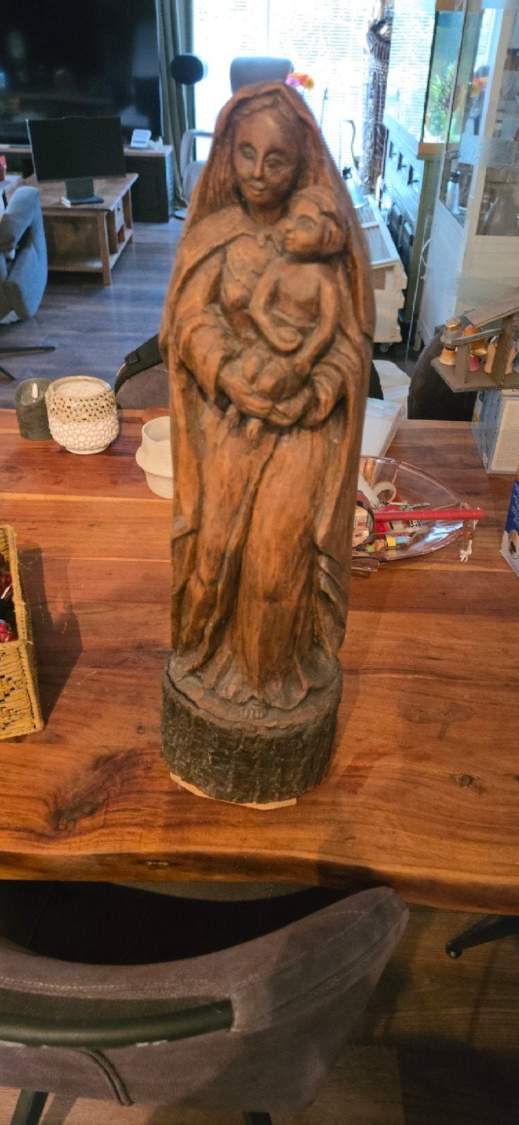 Houten beeld Maria met kind - Religieus houtsnijwerk, Ophalen of Verzenden