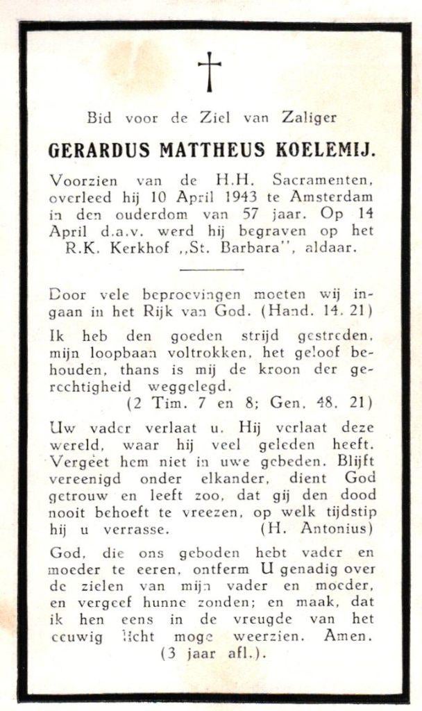 Koelemij Gerardus Mattheus  1943 Amsterdam, Ophalen of Verzenden