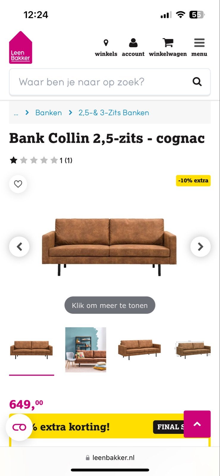 Bank Collin 2,5-zits - cognac, Huis en Inrichting, Banken | Bankstellen, Ophalen, Gebruikt, Driepersoons, 75 tot 100 cm