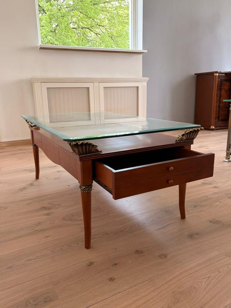Klassieke Salontafel Kersen met Glas & Brons | 115x65x48 cm, Huis en Inrichting, Tafels | Salontafels, Gebruikt, 100 tot 150 cm