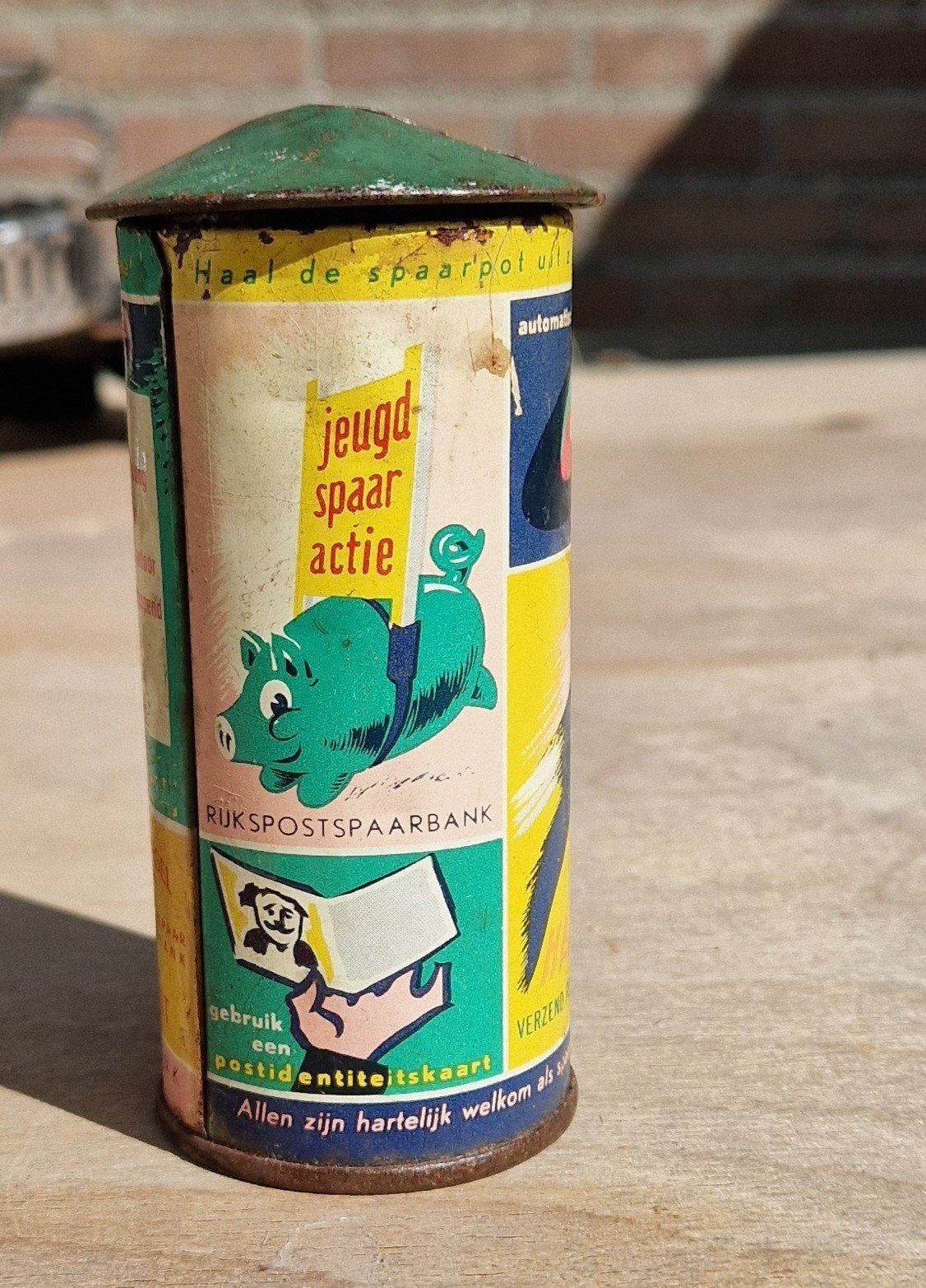 Vintage Rijks Post Spaarbank spaarpot - PTT Luchtpost, Verzamelen, Ophalen of Verzenden, Gebruikt, Metaal of Blik, Overige thema's