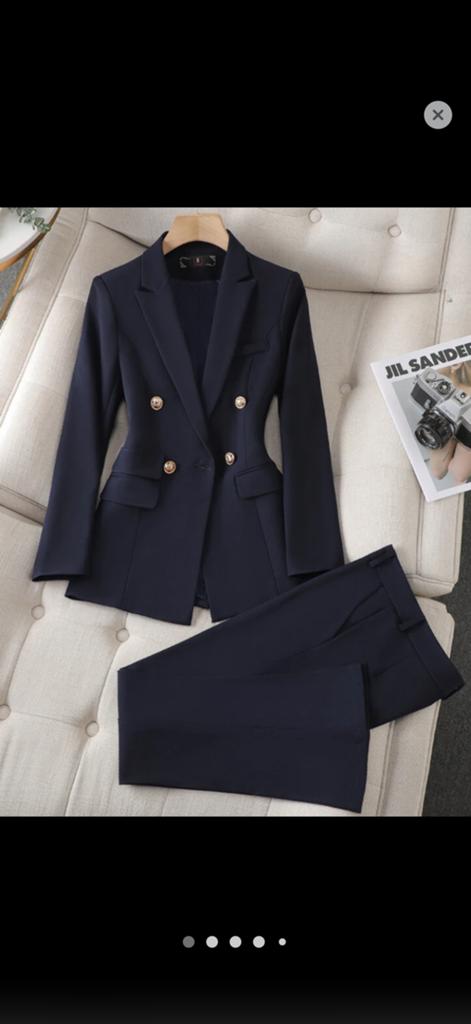 Luxe getailleerde dames blazer set met broek, Maat 38/40 (M), Kostuum of Pak, Blauw, Ophalen of Verzenden