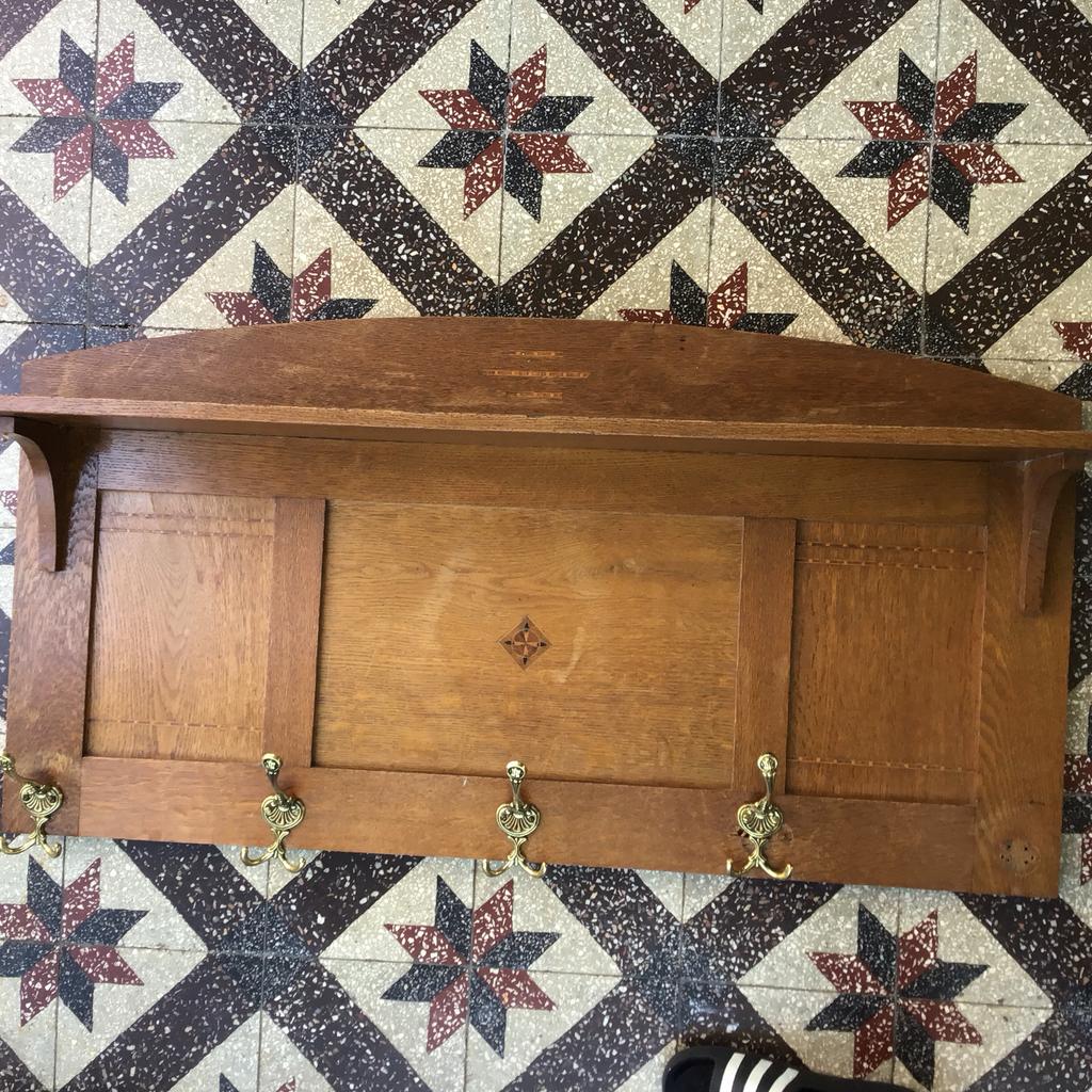 Vintage houten wandkapstok met messing haken, Gebruikt, Minder dan 100 cm, Hout, Ophalen