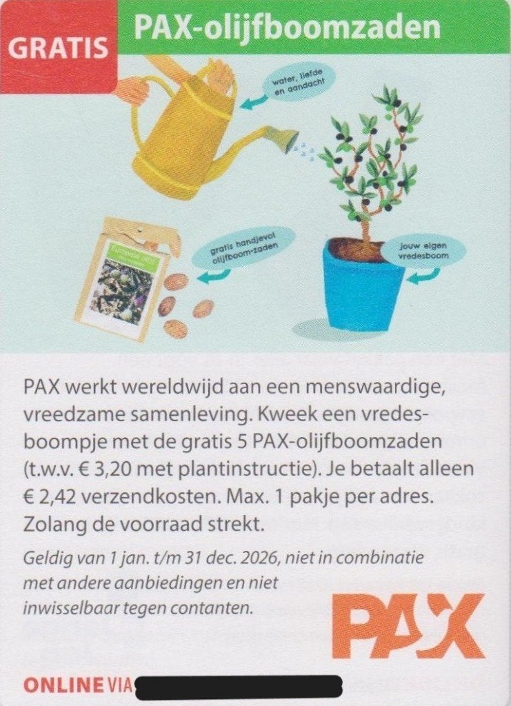 PAX-olijfboomzaden. Gratis. Postcodeloterij voordeelbon., Tickets en Kaartjes, Eén persoon, Kortingsbon, Warenhuis- of Winkelbon
