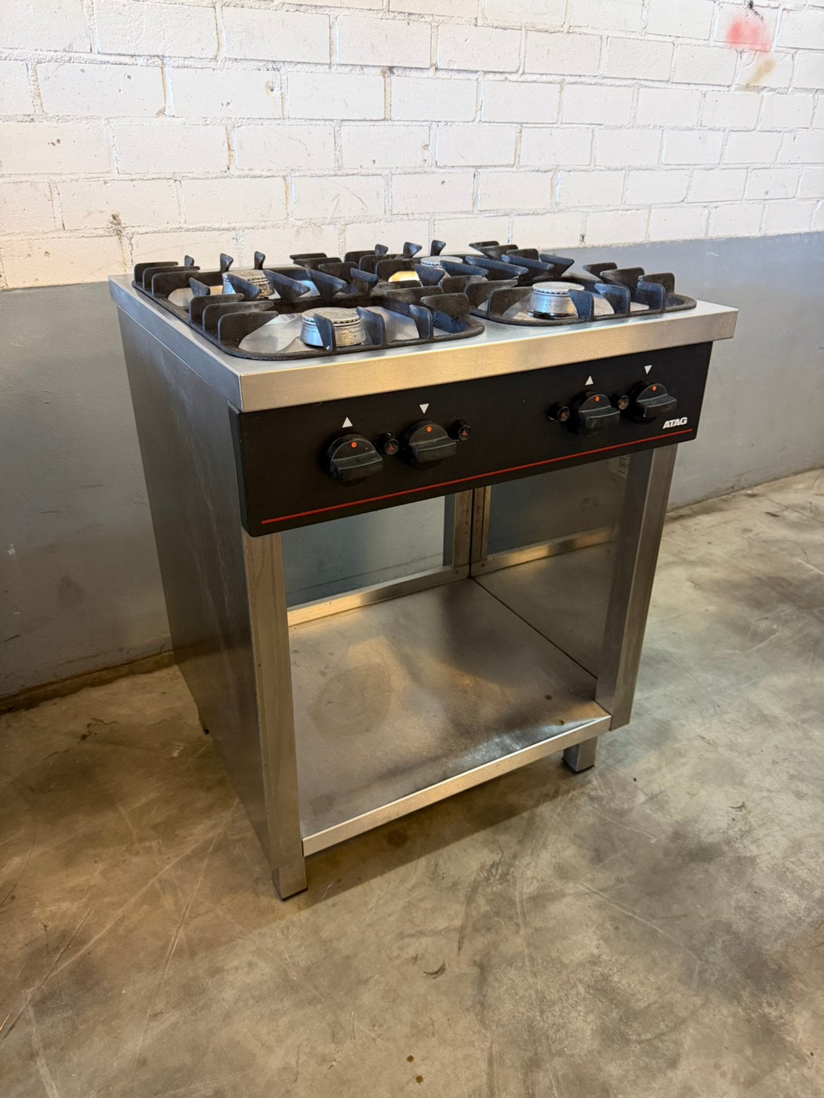 Horeca ATAG RVS Gasfornuis 4 Pitten met Open Onderbouw, Ophalen, Gebruikt, 60 cm of meer, 4 kookzones