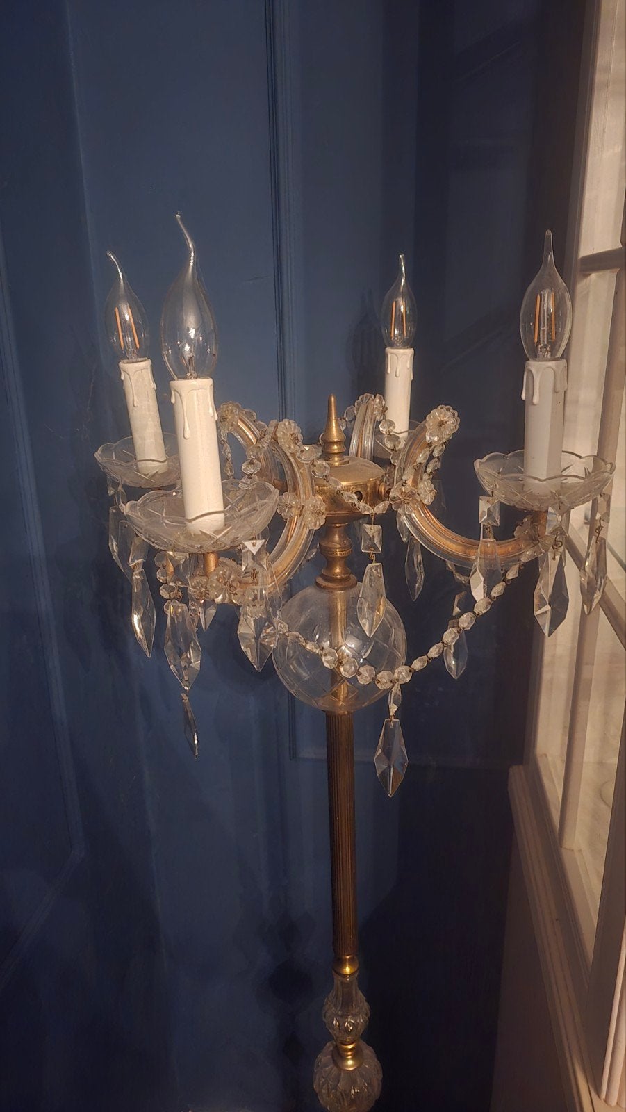 Antieke Kroonluchter Vloerlamp met Kristallen en Glazen Voet, Huis en Inrichting, Lampen | Vloerlampen, Ophalen, Gebruikt, Antiek, Klassiek