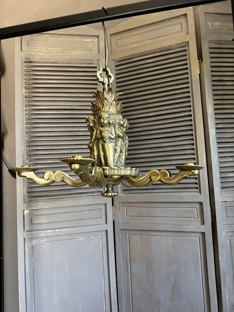 Antieke 5 armige kroonluchter zwaar koper putti’s/rococo, Antiek en Kunst, Ophalen of Verzenden