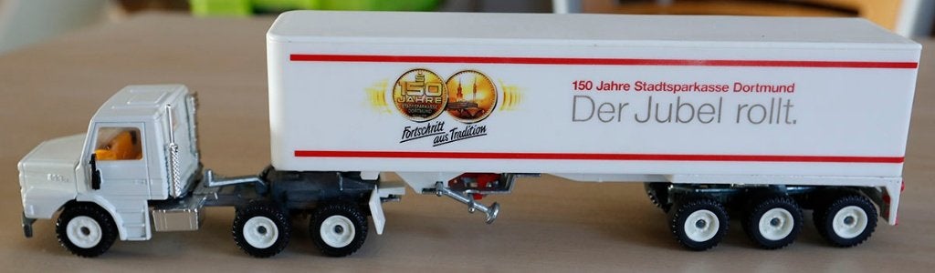 Siku 3119 Scania 143H met oplegger Stadtsparkasse Dortmund, Ophalen, Zo goed als nieuw, Bus of Vrachtwagen, SIKU