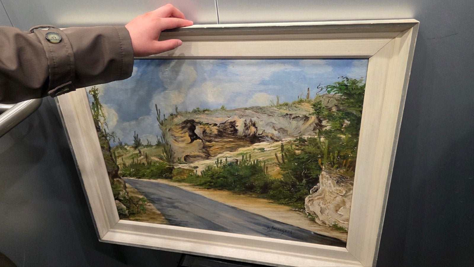Schilderij P. Janssen - Landschap met cactussen en weg, Paneel, Realistisch, Ophalen of Verzenden, Gesigneerd