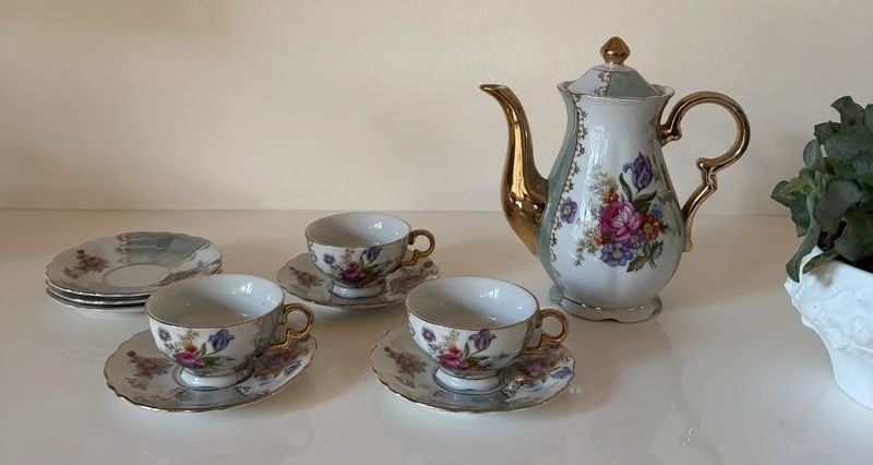 Lusterware koffiepot met 3 kopjes, Ophalen of Verzenden, Zo goed als nieuw, Overige stijlen, Kop(pen) en/of Schotel(s)