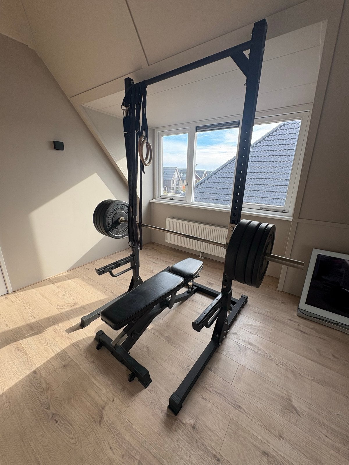 Squat Rack met halterbank en gewichten, Ophalen, Gebruikt, Armen, Fitnessbank