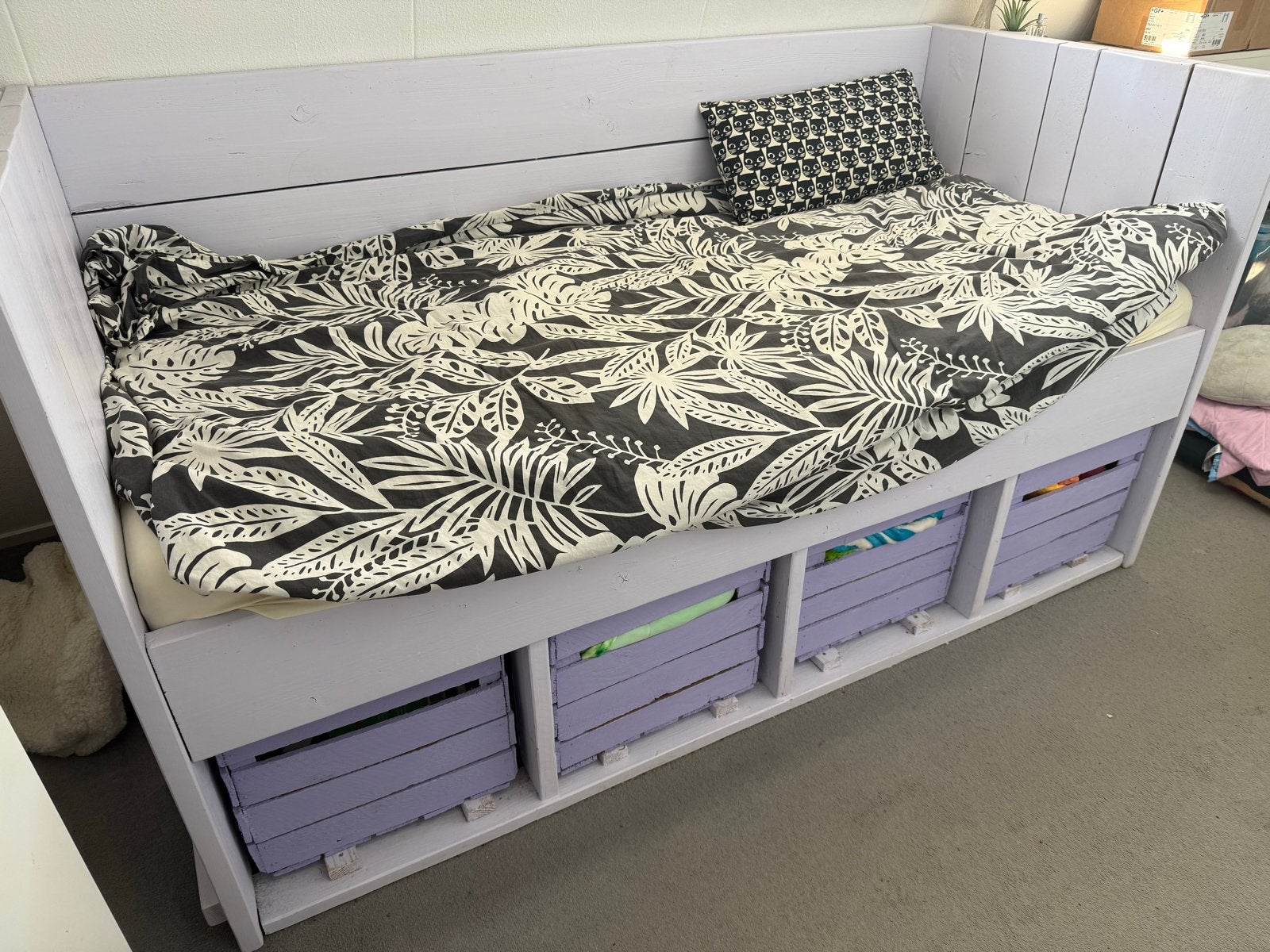 Steigerhouten bed/bedbank met opbergboxen - Lichtpaars, Ophalen, 90 cm, Steigerhout, Zo goed als nieuw