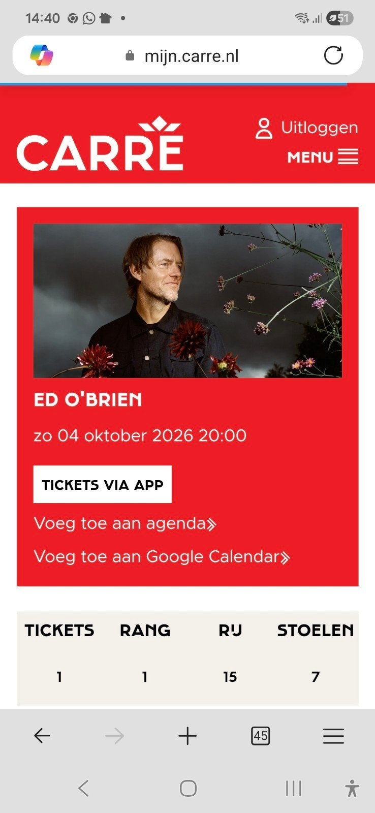 Ed O'Brien Carré zondag 4 oktober, Tickets en Kaartjes, Eén persoon, Oktober, Overige typen