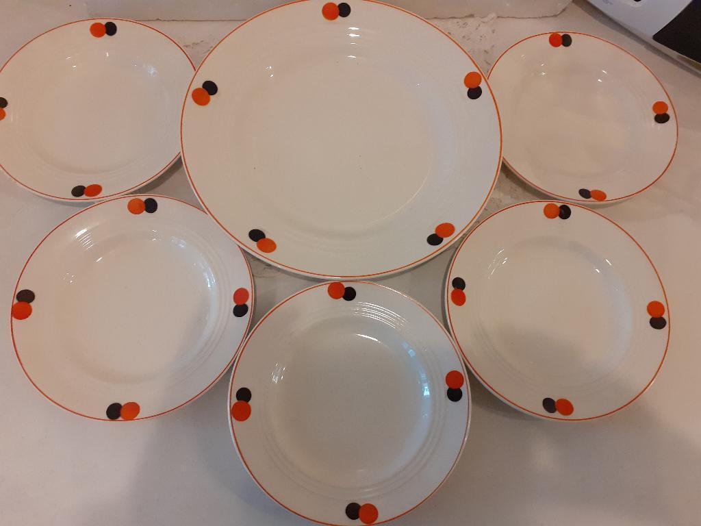 Harlekin (Germany) Art Deco gebakschaal en 5 bordjes - 1930, Ophalen of Verzenden