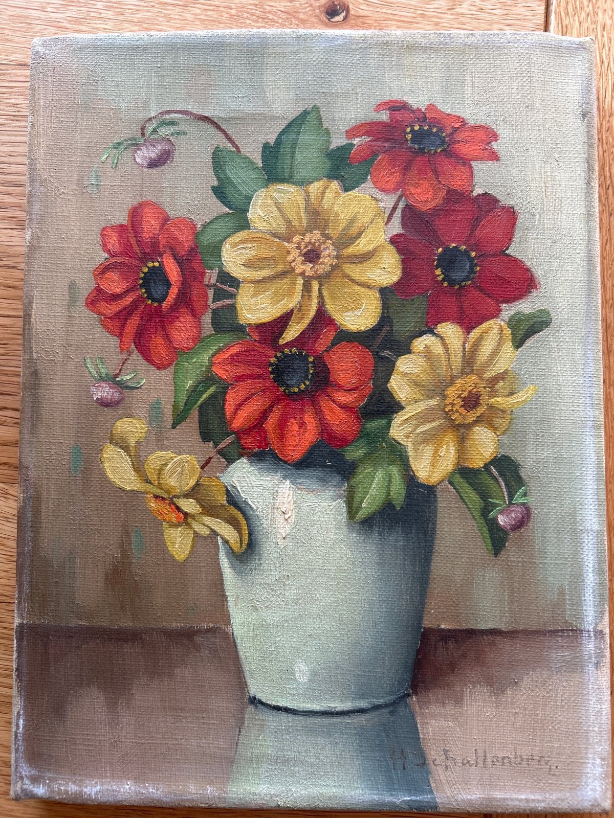 Schilderij: Bloemen in vaas, gesigneerd H. Schallenberg, Bloemen, Realistisch, Gesigneerd, Olieverf