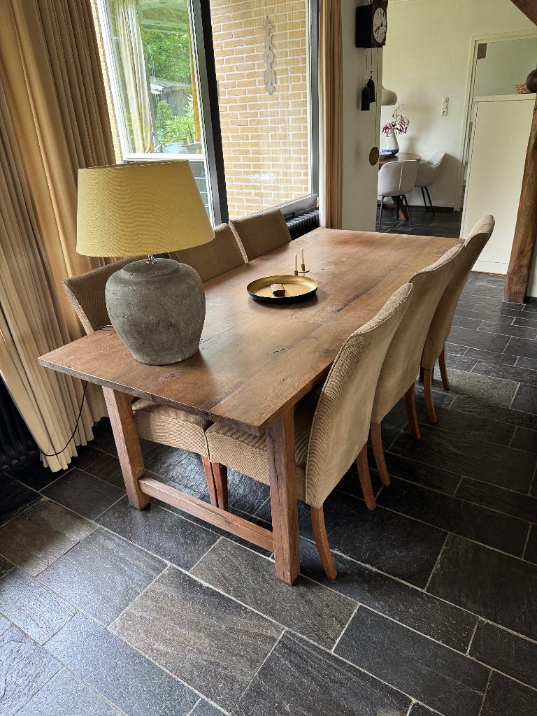 Eettafel eiken, 200x90 incl. 6 stoelen, Ophalen, Gebruikt, Eikenhout, 200 cm of meer