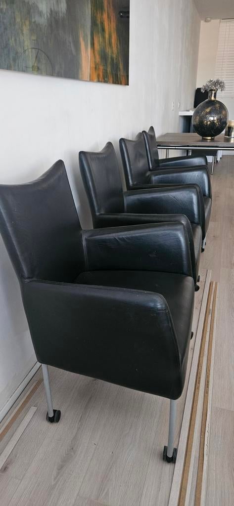 4 zwarte lederen eethoek stoelen, Ophalen, Gebruikt, Zwart