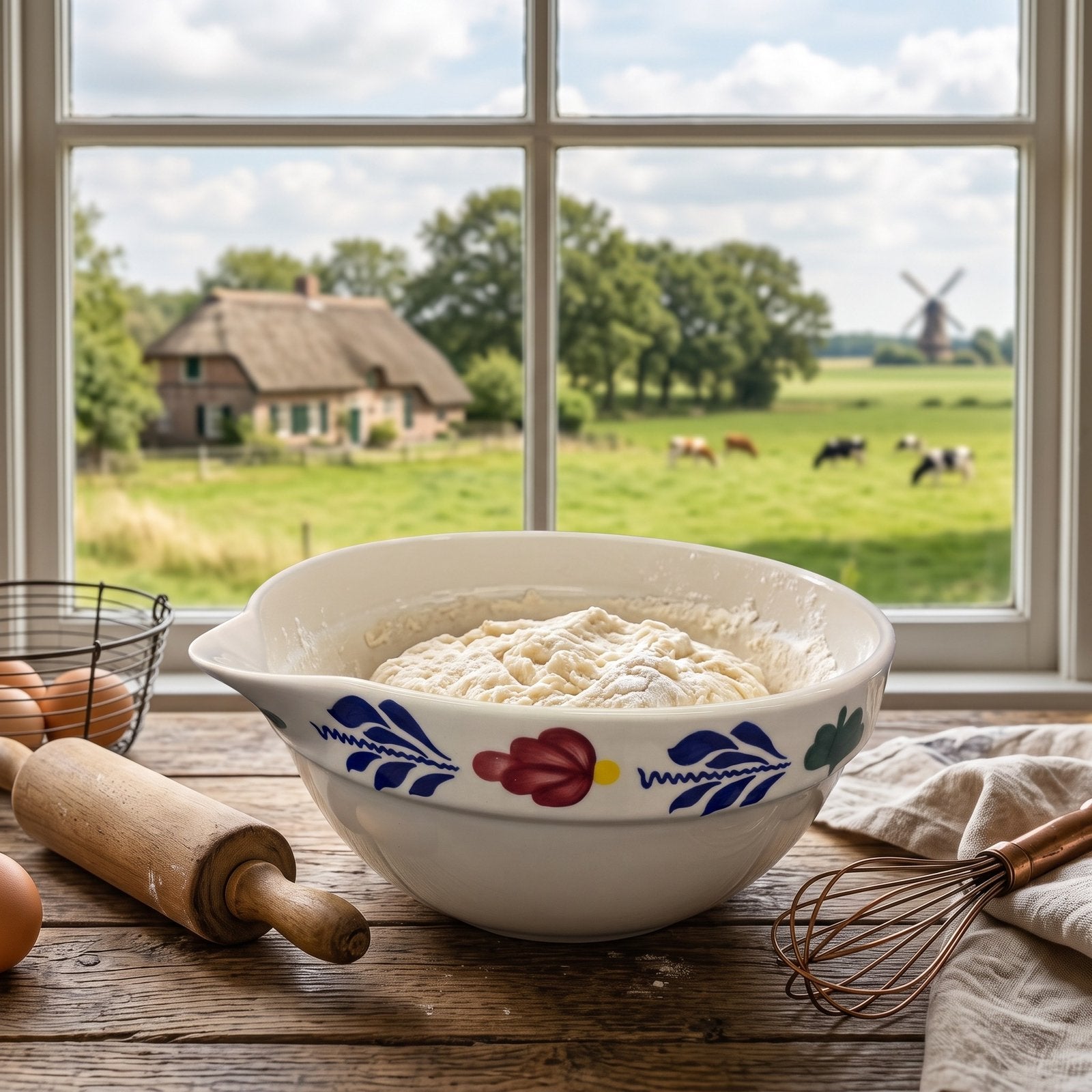 Authentieke boerenbont beslagkom, Glas of Glazen, Keramiek, Landelijk/Boerenbont, Div