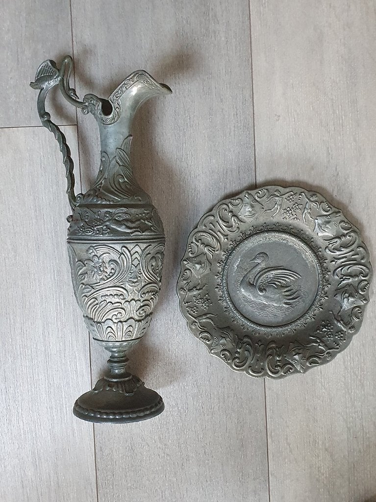 Decoratieve neorenaissance sierkan met bijpassende schaal, Antiek en Kunst, Antiek | Tin, Ophalen of Verzenden