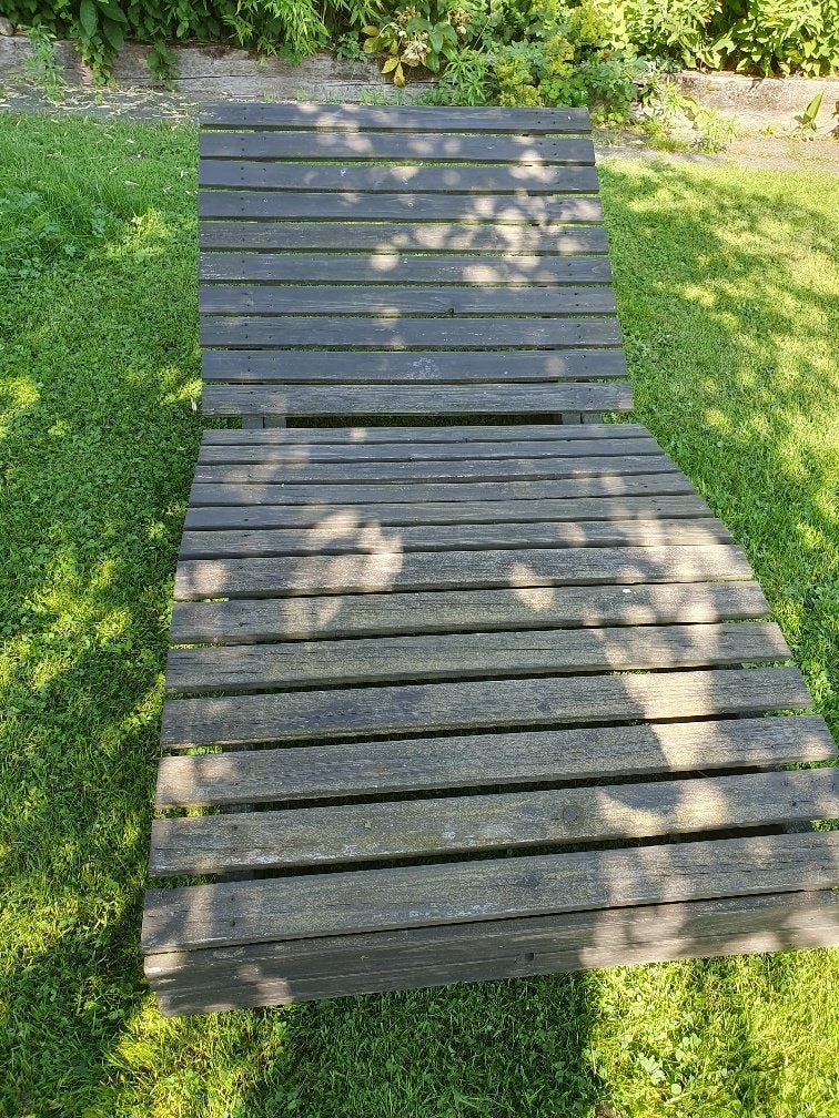 Grote verrijdbare tuinzool voor 2 personen met blauwe matras, Tuin en Terras, Ophalen, Gebruikt, Hout, Verstelbaar