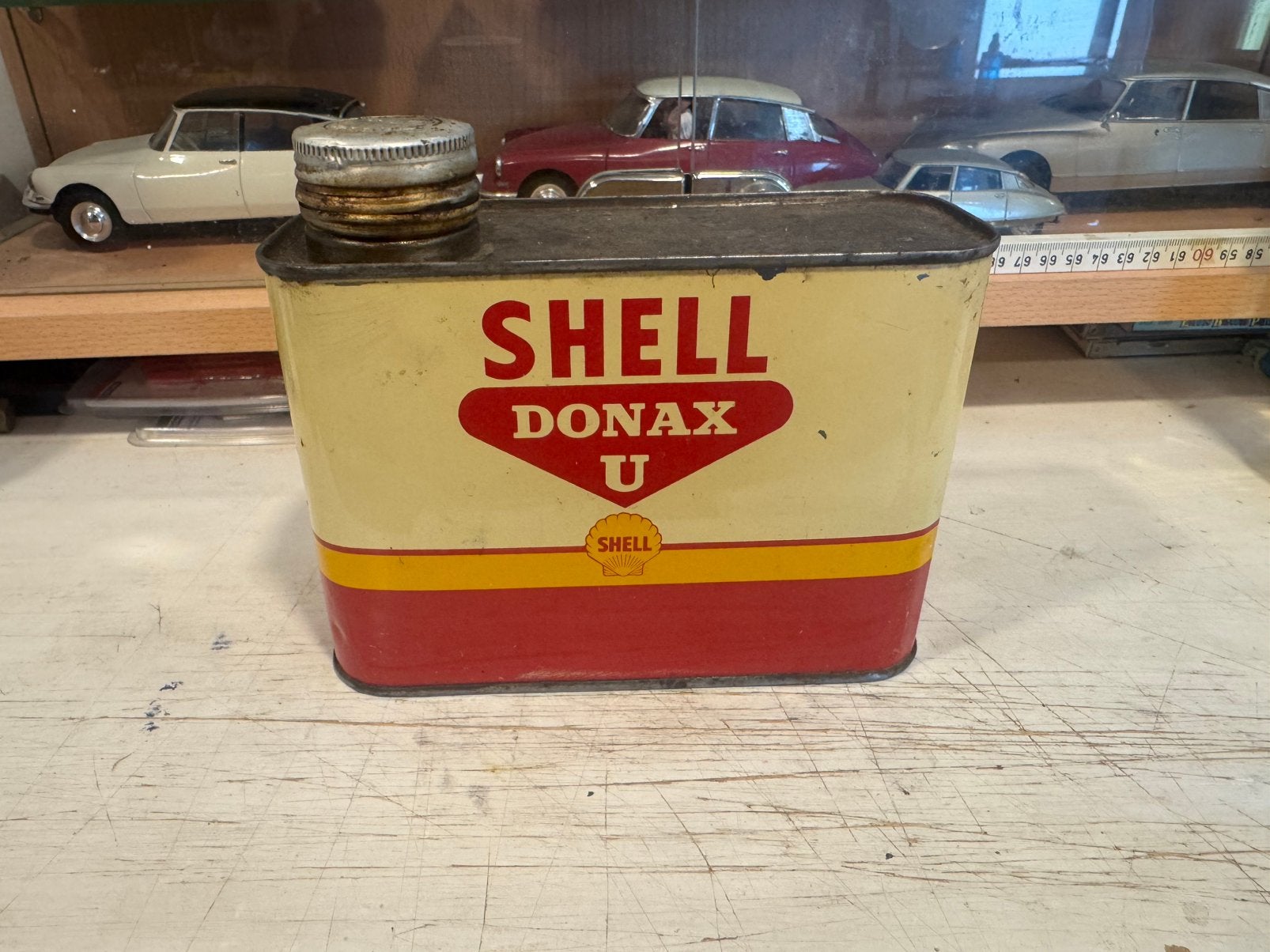 Oude Vintage Shell Donax U Olie blik 1 liter, Ophalen of Verzenden, Gebruikt, Gebruiksvoorwerp