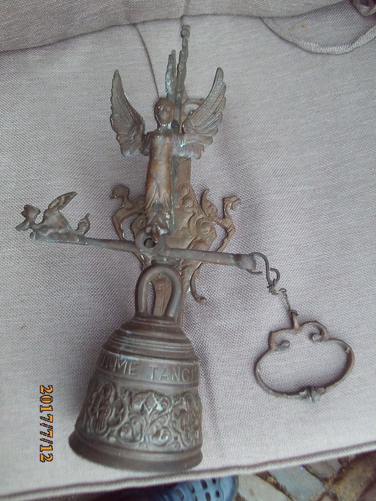 antiek buiten bel koper brons met engel hangbel spreuk trekb, Antiek en Kunst, Antiek | Koper en Brons, Ophalen of Verzenden, Brons