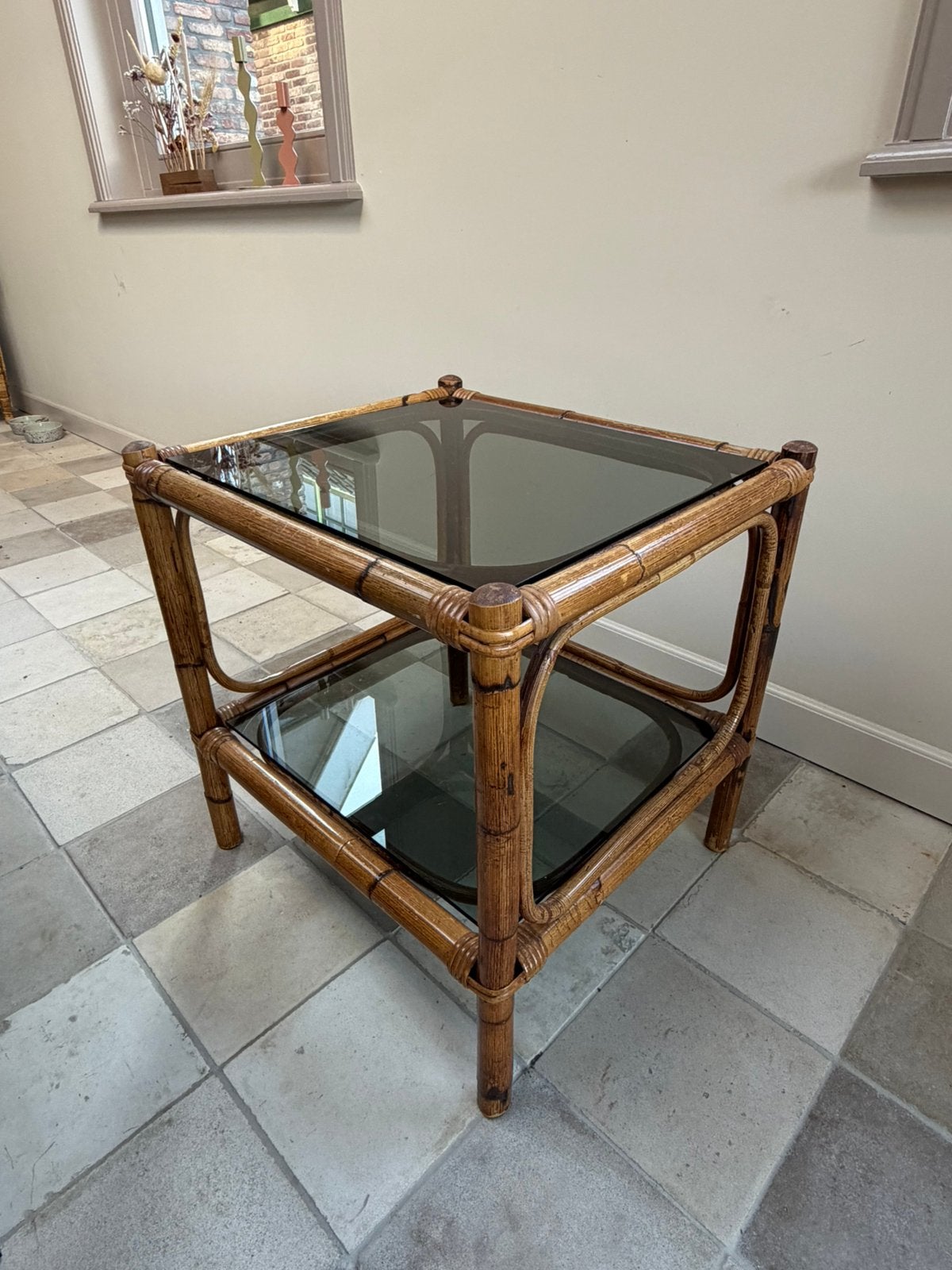 Salontafeltje bamboe en glas vintage, Ophalen, Gebruikt, 50 tot 100 cm, Glas