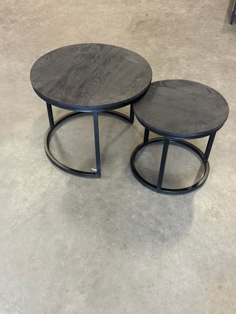 Nieuw 2 delige salon tafel set zwart mango hout, Huis en Inrichting, Tafels | Salontafels, Ophalen, 50 tot 100 cm, Rond, Nieuw