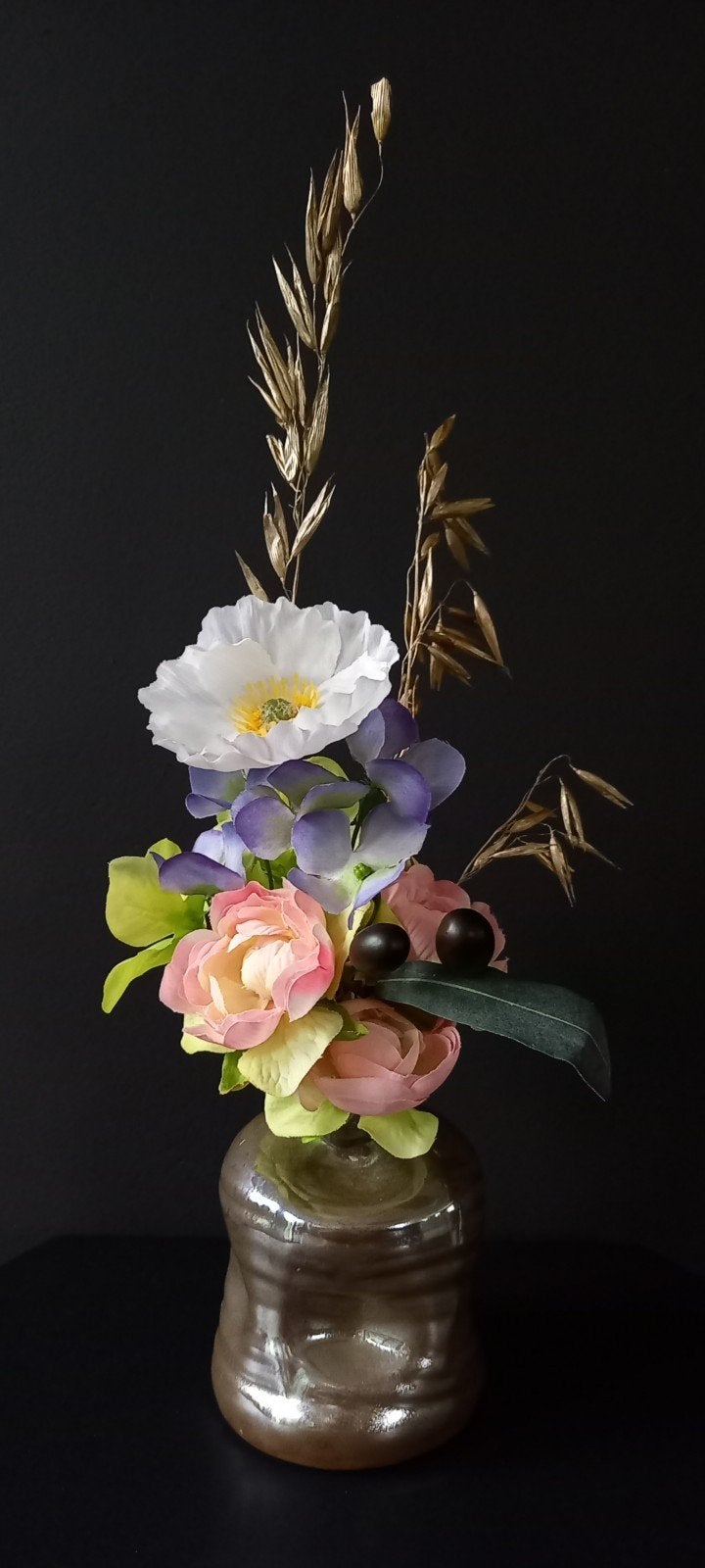 Kunst- en Droogbloemen gebonden boeket met vaas brons H32 cm, Ophalen of Verzenden, Nieuw