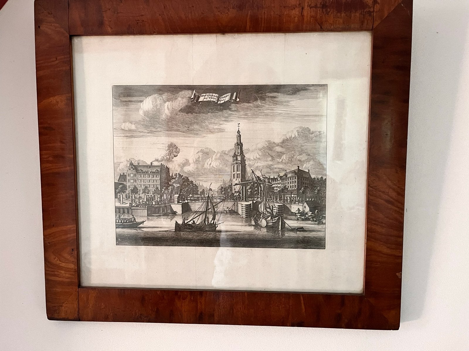 Antieke Gravure Montelbaanstoren en Nieuwezijds Kapel, Ingelijst, Stadsgezicht, Ophalen of Verzenden, Gravure