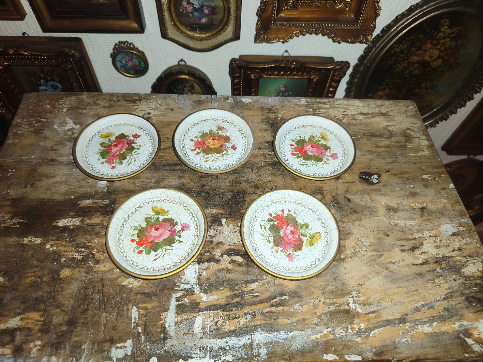 oude ronde schilderijtjes lijstjes bloemen x78/79/80/81/82, Antiek en Kunst, Ophalen of Verzenden