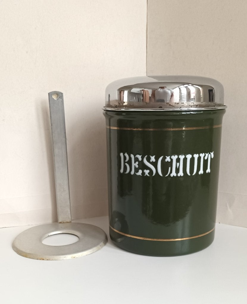 BK donkergroene emaille Beschuitbus wit letters omhooghaler, Ophalen of Verzenden