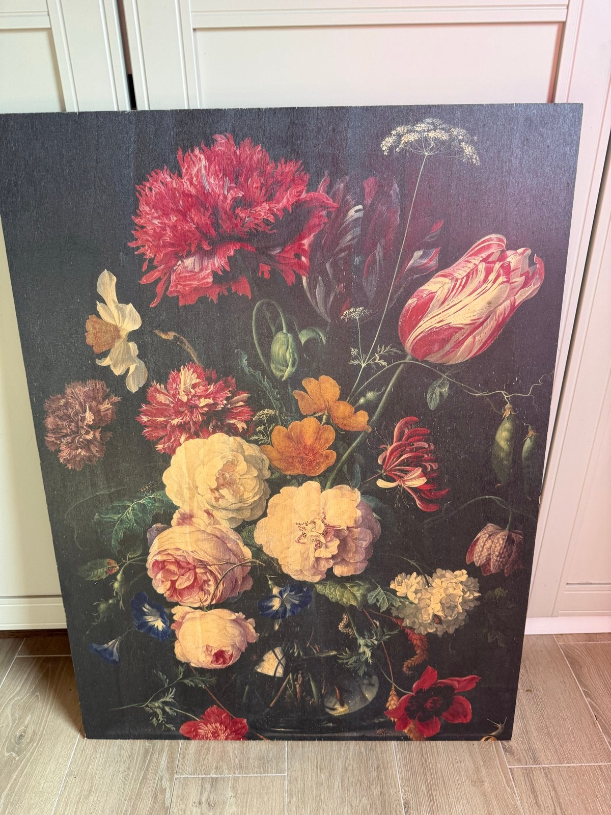 Prachtige bloemenprint op hout - Klassieke stijl, Huis en Inrichting, Ophalen of Verzenden, 75 – 100, 50 tot 75 cm, Print