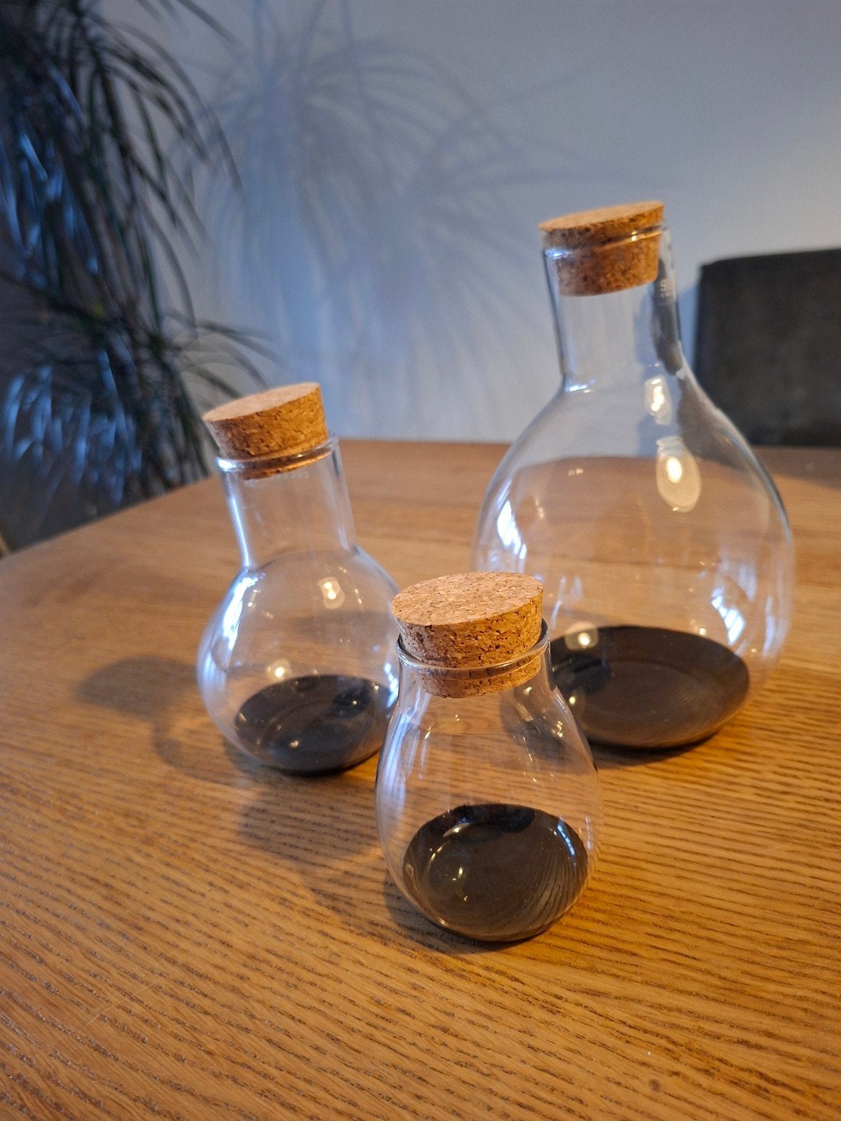 Set van 3 glazen vazen met kurk - diverse maten, Ophalen, Zo goed als nieuw, Transparant, Glas