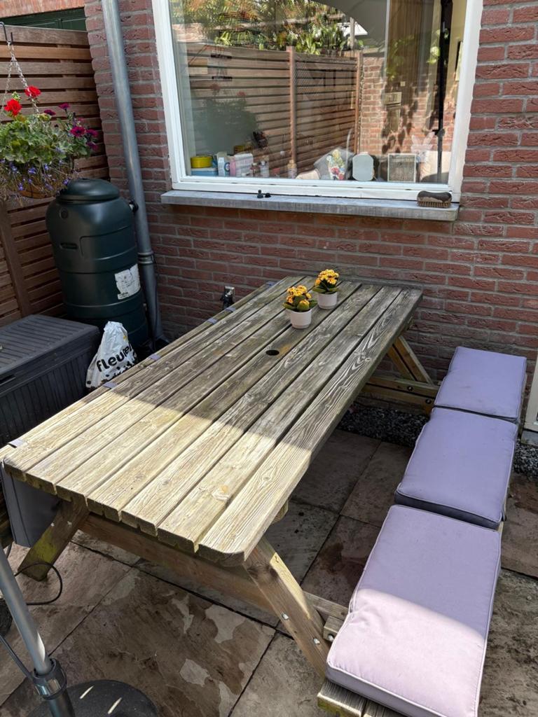 Gebruikte picknicktafel met opklapbare banken en kussens, Tuin en Terras, Picknicktafels, Ophalen, Gebruikt, Inklapbaar, Rechthoekig