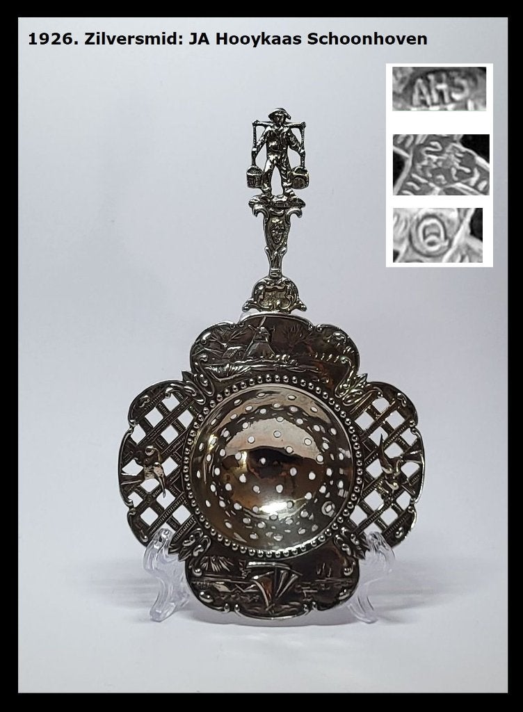 Antiek zilveren theezeef in Oud-Hollandse stijl met lekbakje, Antiek en Kunst, Ophalen of Verzenden, Zilver