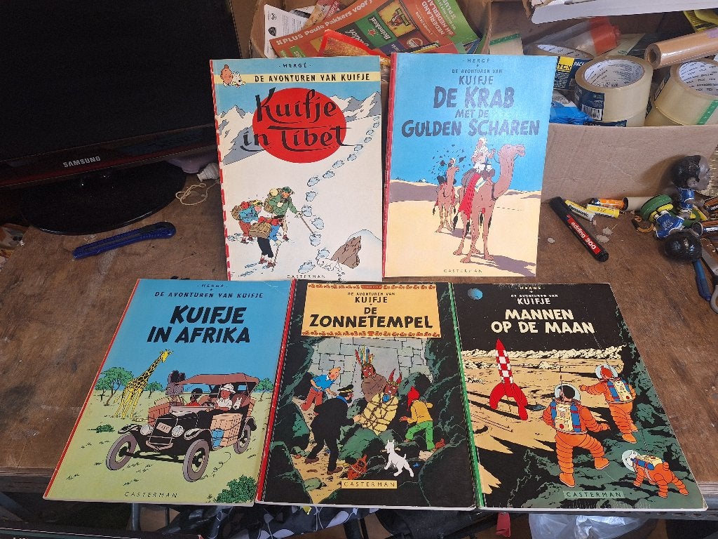Vintage 5x Kuifje stripalbums van 1947 tot 1960, Boeken, Meerdere stripboeken, Ophalen of Verzenden, Gelezen