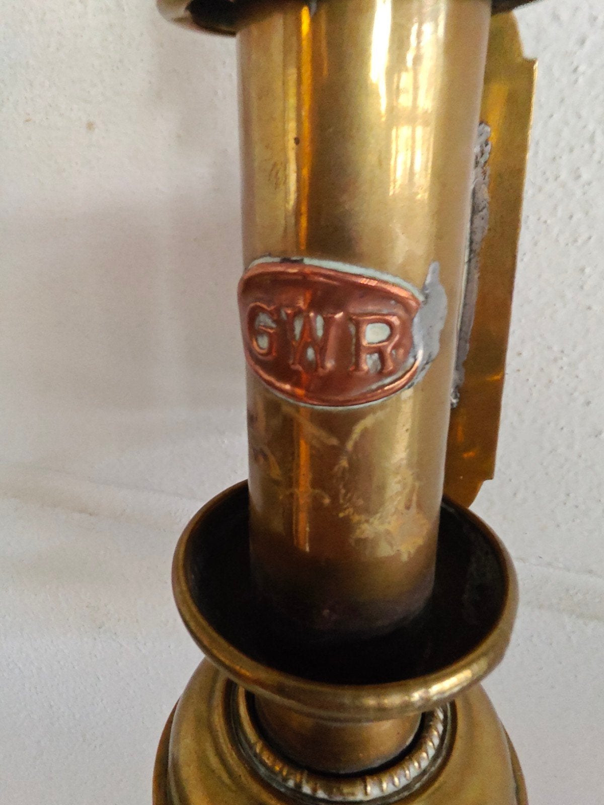 Antieke Koperen GWR Spoorwegen treinlamp 33 cm hoog compleet, Trein, Gebruikt, Overige typen, Ophalen of Verzenden
