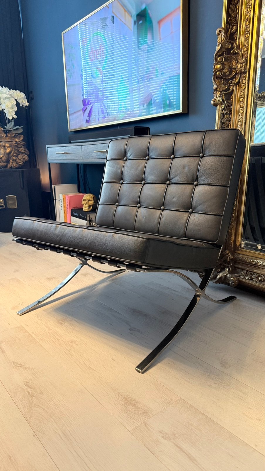 Barcelona chair stoel design donker bruin, Ophalen of Verzenden, Zo goed als nieuw, 75 tot 100 cm, 50 tot 75 cm