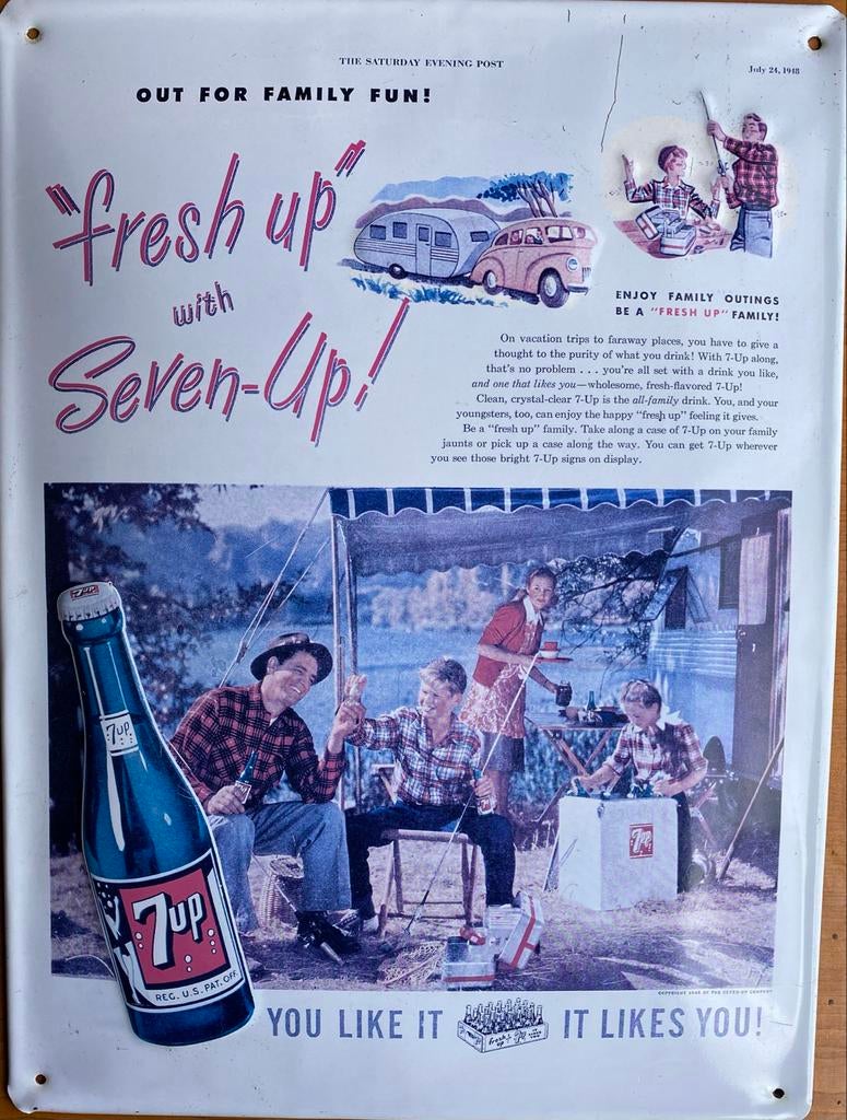 Vintage 7-Up Emaille Reclamebord - "Fresh Up" Familie, Ophalen of Verzenden, Gebruikt, Reclamebord