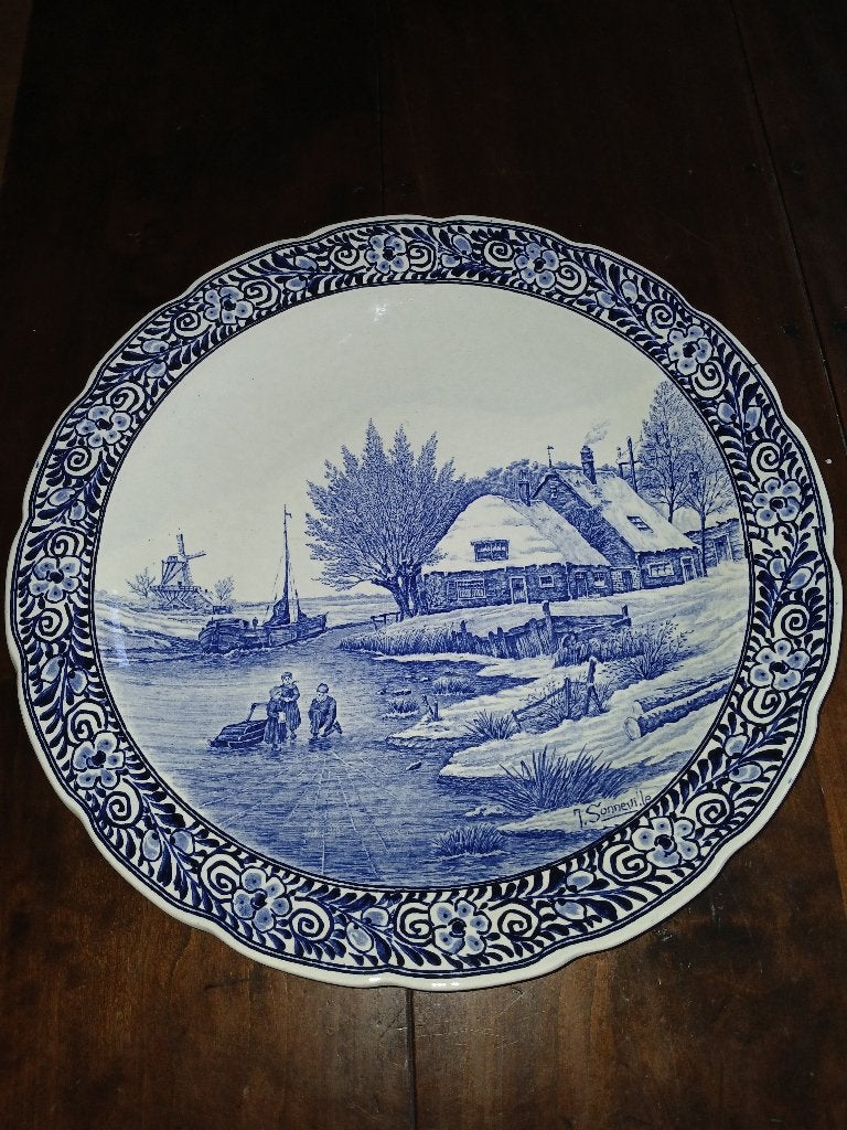 Grote Delfts Blauw Schaal Winterlandschap,39cm, Ophalen of Verzenden