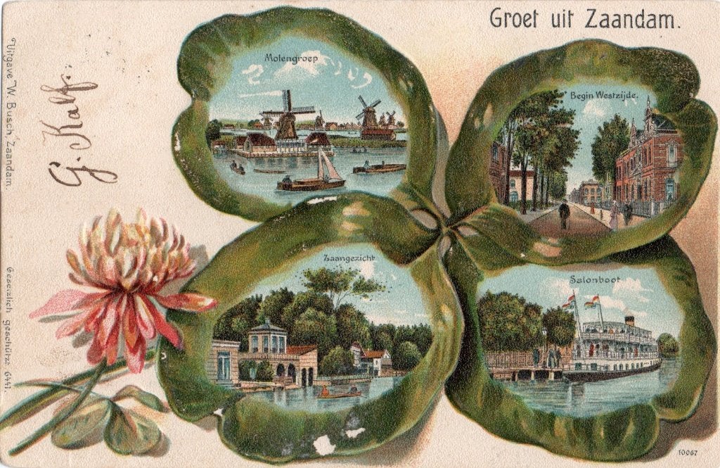 Zaandam, Klavervierkaart met vier Stadsgezichten. 7642, Ophalen of Verzenden, Voor 1920, Gelopen, Noord-Holland