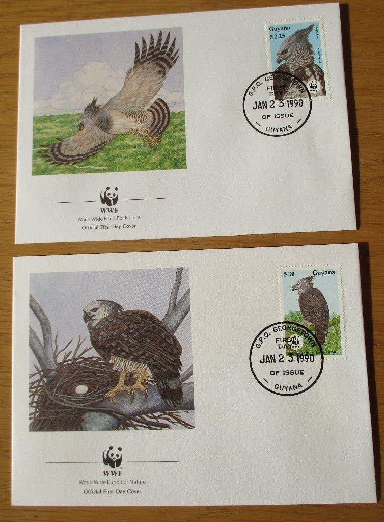 Guyana, WWF serie FDC's Harpij (roofvogel), 1990, Verzenden, Gestempeld, Dier of Natuur