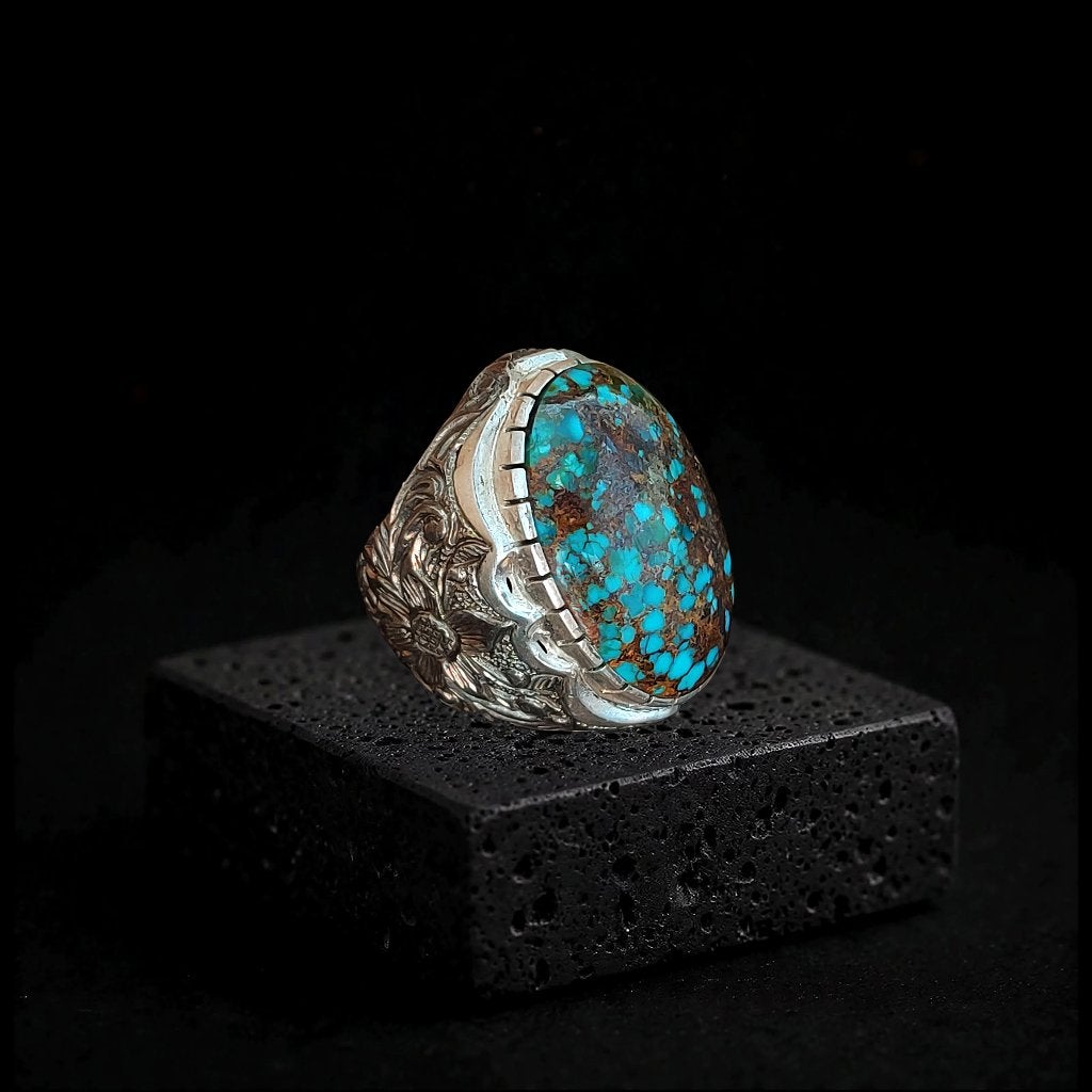 Zware spirituele zilveren ring met turkoois - kris keris, Blauw, Indonesië, Ophalen of Verzenden