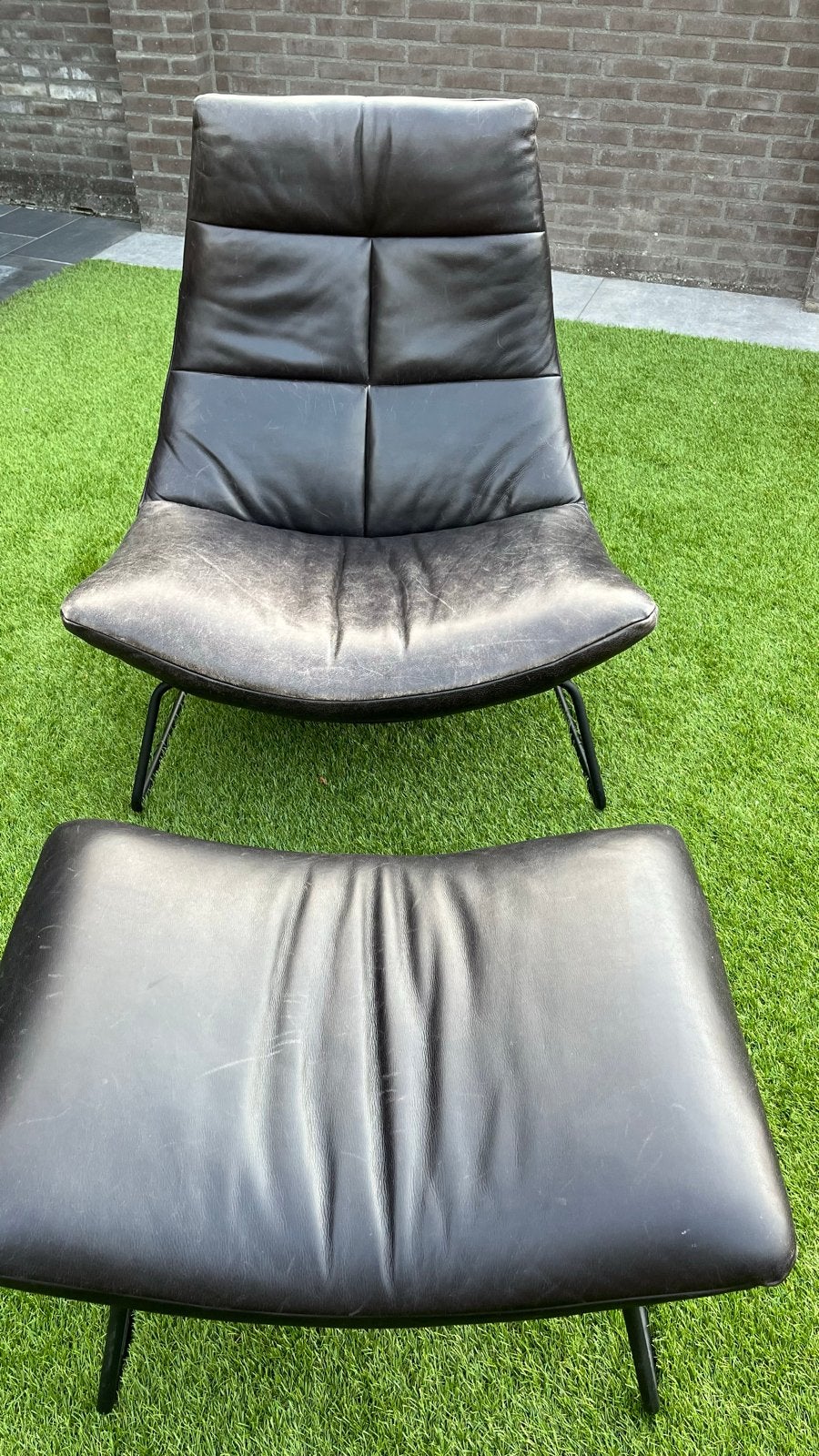 Leren lounge stoel met hocker. Zwart., Ophalen, Gebruikt, 75 tot 100 cm, Modern