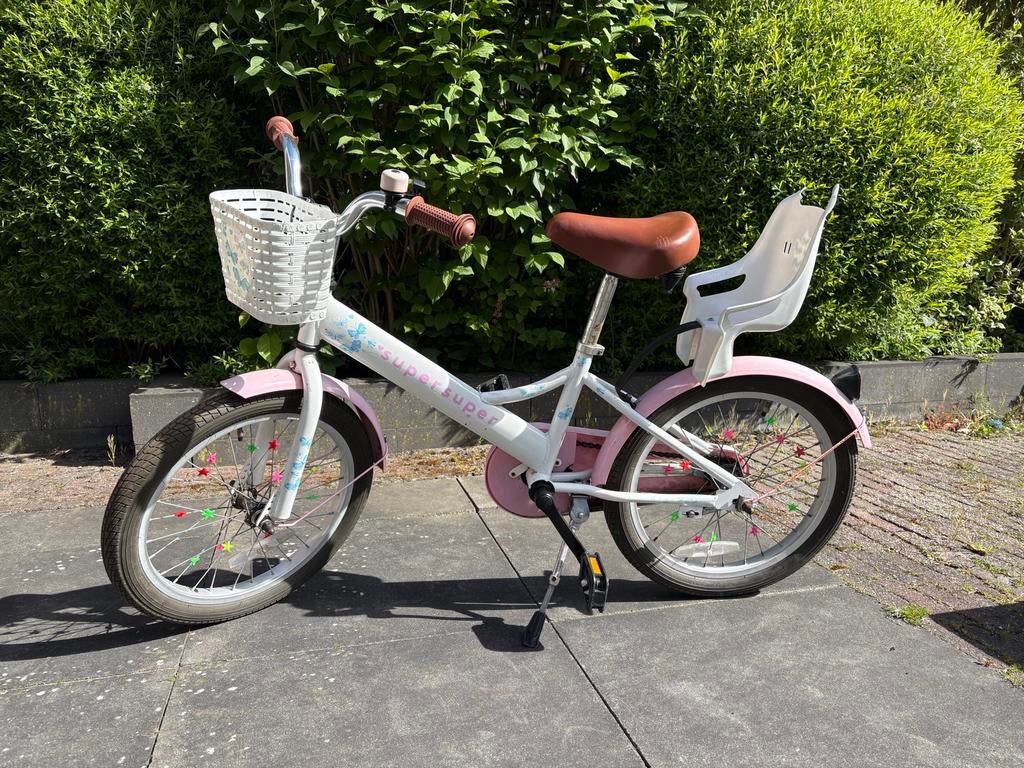 Kinderfiets Roze/Wit met Mandje en Achterzitje, Ophalen, Gebruikt, Terugtraprem, 16 tot 20 inch